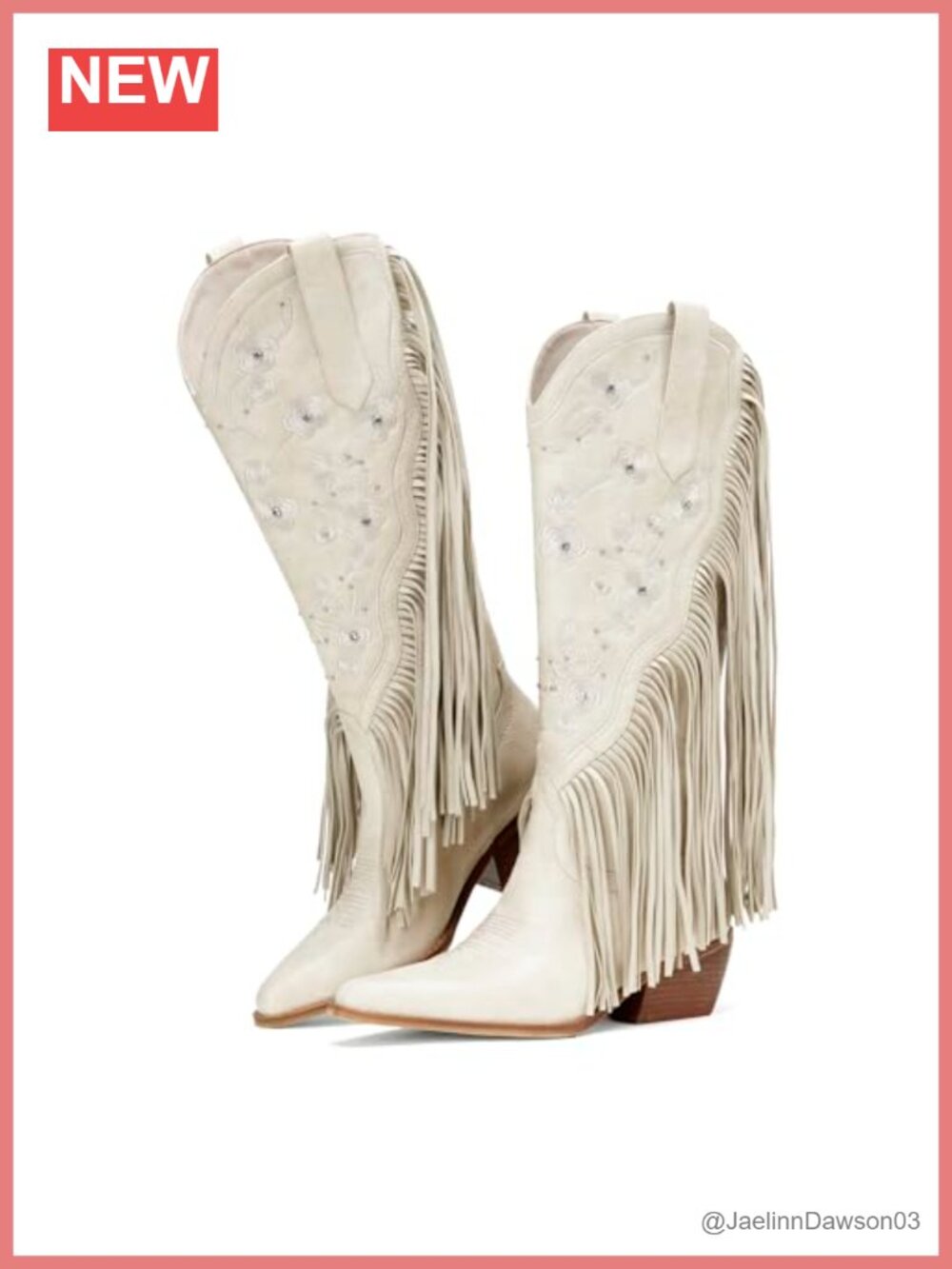 Faux Leather Fringe Cowboy Boots Knee High Western Embroidered Chunky Heel